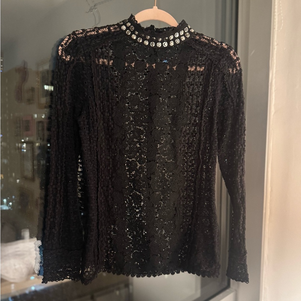 Rebecca Taylor Black Lace Long-Sleeve Top with Studded Collar